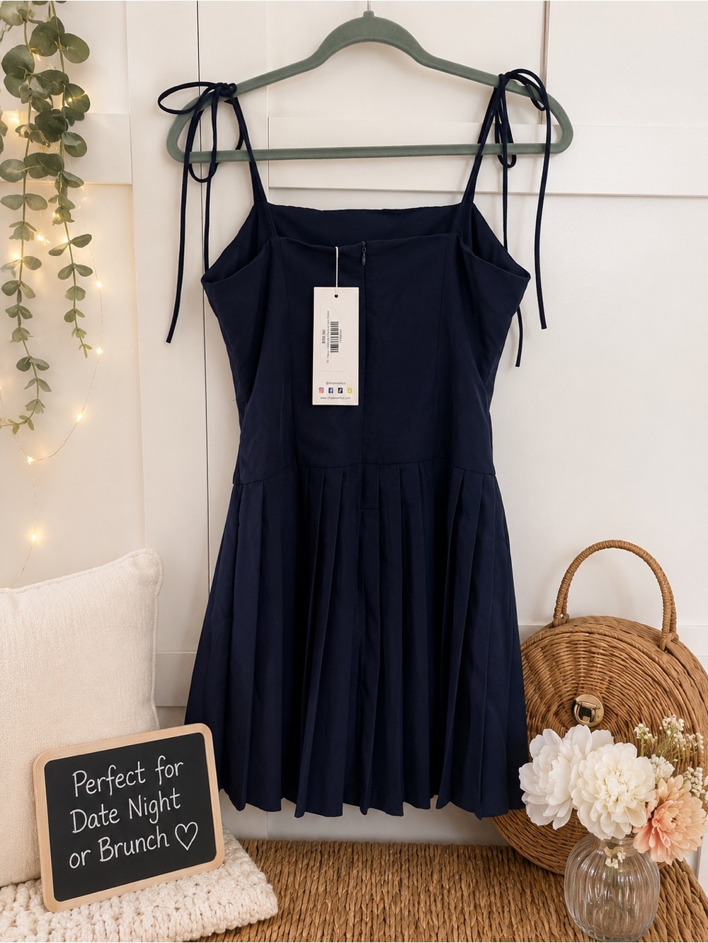 Navy Tie-Shoulder Pleated Mini Dress NWT M